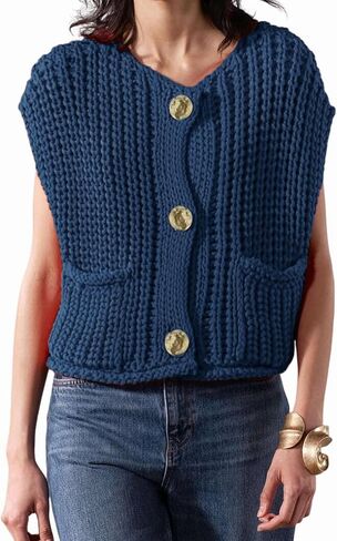 Women's Fashionable Sleeveless Short Knitted Sweater Vest Button Cardigan with Pockets in Saudi Arabia
