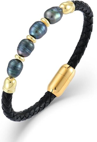 Freshwater Pearl Leather Bracelets for Men, Stainless Steel Braided Bracelet Woven Wristband for Men Women Jewelry Gifts in Saudi Arabia