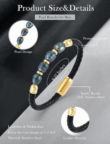 Freshwater Pearl Leather Bracelets for Men, Stainless Steel Braided Bracelet Woven Wristband for Men Women Jewelry Gifts in Saudi Arabia