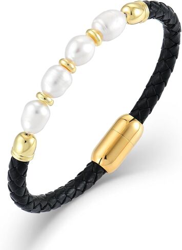 Freshwater Pearl Leather Bracelets for Men, Stainless Steel Braided Bracelet Woven Wristband for Men Women Jewelry Gifts in Saudi Arabia
