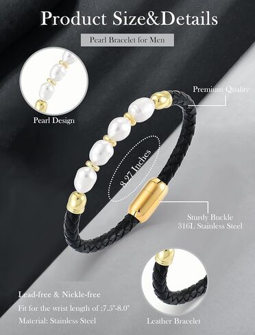 Freshwater Pearl Leather Bracelets for Men, Stainless Steel Braided Bracelet Woven Wristband for Men Women Jewelry Gifts in Saudi Arabia