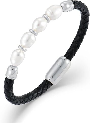 Freshwater Pearl Leather Bracelets for Men, Stainless Steel Braided Bracelet Woven Wristband for Men Women Jewelry Gifts in Saudi Arabia