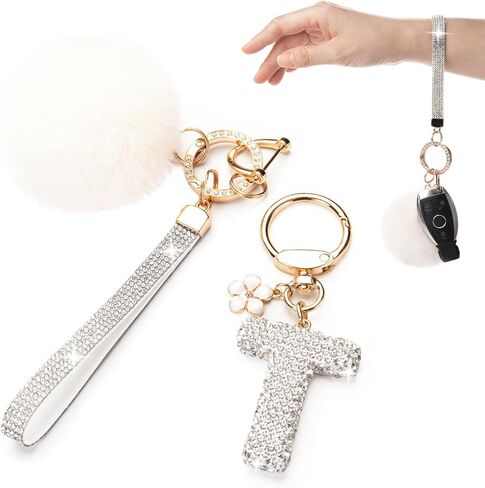 Initial Letter Keychain for Women Girl Bling Rhinestone Sparkly Bag Backpack Purse Charm Cute Car Pom Pom Key Chain Wristlet in Saudi Arabia