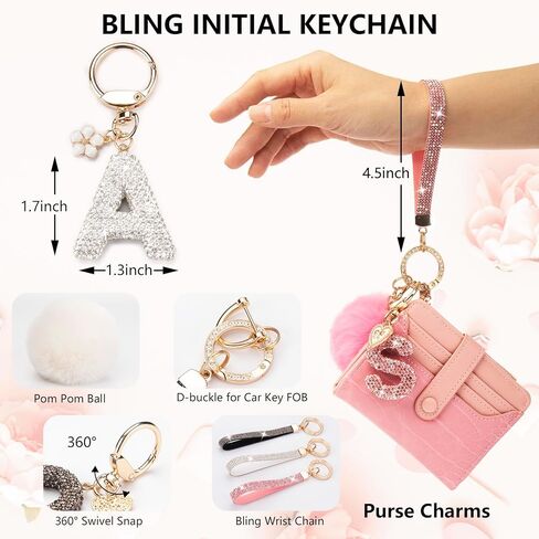 Initial Letter Keychain for Women Girl Bling Rhinestone Sparkly Bag Backpack Purse Charm Cute Car Pom Pom Key Chain Wristlet in Saudi Arabia