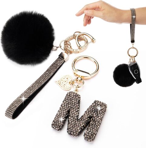 Initial Letter Keychain for Women Girl Bling Rhinestone Sparkly Bag Backpack Purse Charm Cute Car Pom Pom Key Chain Wristlet in Saudi Arabia