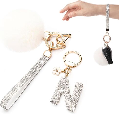 Initial Letter Keychain for Women Girl Bling Rhinestone Sparkly Bag Backpack Purse Charm Cute Car Pom Pom Key Chain Wristlet in Saudi Arabia