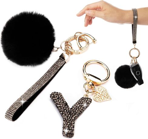 Initial Letter Keychain for Women Girl Bling Rhinestone Sparkly Bag Backpack Purse Charm Cute Car Pom Pom Key Chain Wristlet in Saudi Arabia