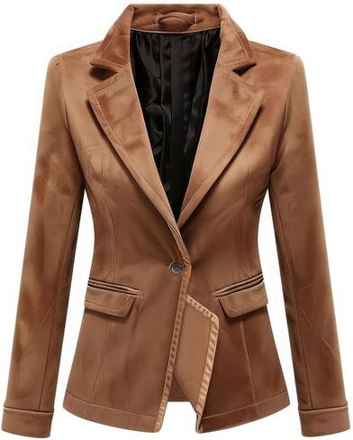 Women's Brown Genuine Suede Blazer with Notch Lapel Collar - Soft Slim-fit One-Button Single Vent Casual Leather Jacket in Saudi Arabia