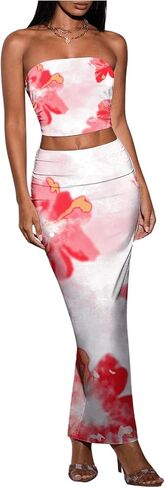 SOLY HUX Women's 2 Piece Skirt Sets Strapless Crop Tube Top Bodycon Maxi Skirt Summer Floral Outfits in Saudi Arabia