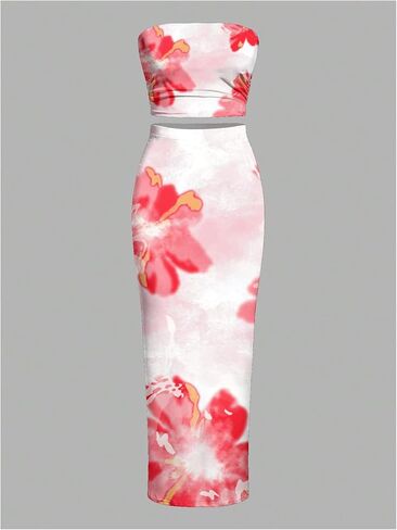SOLY HUX Women's 2 Piece Skirt Sets Strapless Crop Tube Top Bodycon Maxi Skirt Summer Floral Outfits in Saudi Arabia