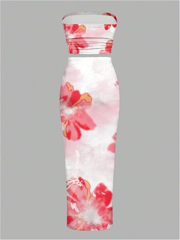SOLY HUX Women's 2 Piece Skirt Sets Strapless Crop Tube Top Bodycon Maxi Skirt Summer Floral Outfits in Saudi Arabia