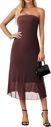 Women's Summer Bodycon Midi Tube Dress Strapless Mesh Casual Elegant Party Cocktail Dresses in Kuwait