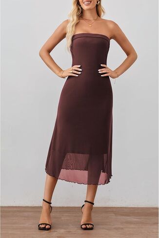 Women's Summer Bodycon Midi Tube Dress Strapless Mesh Casual Elegant Party Cocktail Dresses in Kuwait