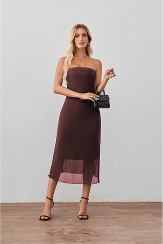 Women's Summer Bodycon Midi Tube Dress Strapless Mesh Casual Elegant Party Cocktail Dresses in Kuwait