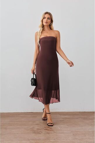 Women's Summer Bodycon Midi Tube Dress Strapless Mesh Casual Elegant Party Cocktail Dresses in Kuwait
