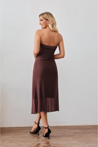 Women's Summer Bodycon Midi Tube Dress Strapless Mesh Casual Elegant Party Cocktail Dresses in Kuwait