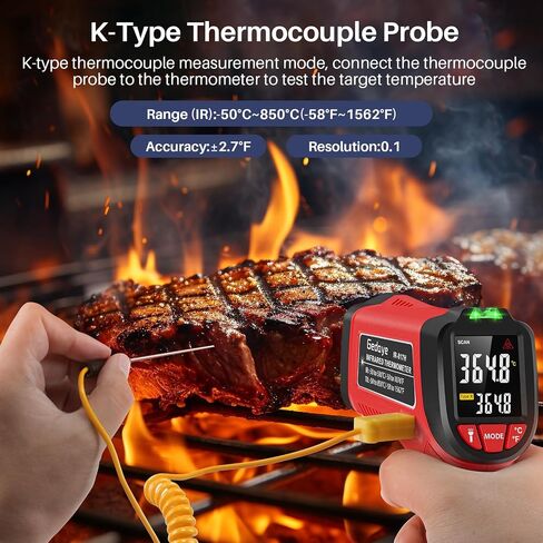Infrared Temperature Gun, Gedaye Laser Thermometer with Laser Pointer 13:1, Meat Thermometer with Metal Probe, Adjustable Emissivity, Heat Temperature -58℉ to 1076℉ for Cooking Pizza Oven Grill Fridge in Kuwait