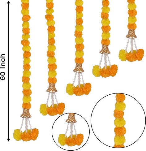 Marubhumi Artificial Marigold Flower Strands Garland for Diwali Decor,5 Feet Long Strands, Garland for Decoration, Diwali Decorations for Home, Christmas Decor Wedding Decor, Yellow & Red - 5 PCS in Saudi Arabia