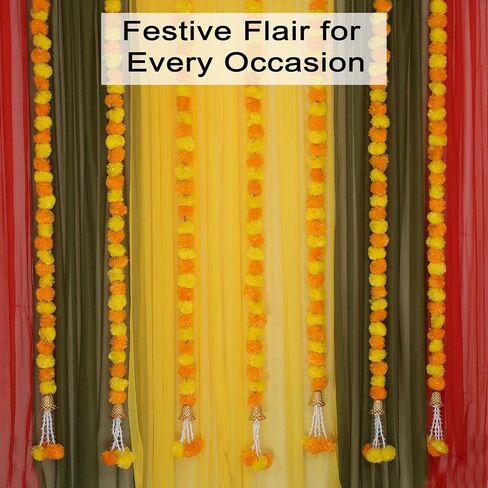 Marubhumi Artificial Marigold Flower Strands Garland for Diwali Decor,5 Feet Long Strands, Garland for Decoration, Diwali Decorations for Home, Christmas Decor Wedding Decor, Yellow & Red - 5 PCS in Saudi Arabia