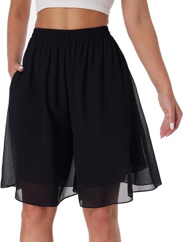 heipeiwa Women's Chiffon Bermuda Shorts Double Layered Summer Work Beach Wide Leg Culottes Dress Casual Shorts in Kuwait