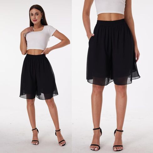 heipeiwa Women's Chiffon Bermuda Shorts Double Layered Summer Work Beach Wide Leg Culottes Dress Casual Shorts in Kuwait