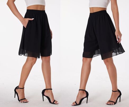 heipeiwa Women's Chiffon Bermuda Shorts Double Layered Summer Work Beach Wide Leg Culottes Dress Casual Shorts in Kuwait