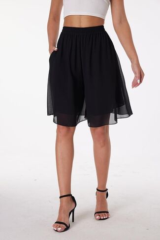 heipeiwa Women's Chiffon Bermuda Shorts Double Layered Summer Work Beach Wide Leg Culottes Dress Casual Shorts in Kuwait