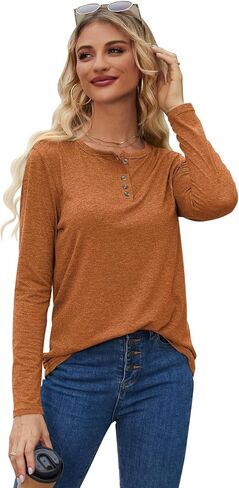Bluetime Womens Long Sleeve Shirts Crew Neck Button Basic Tee Fall Tops Clothes 2024 Casual Loose T-Shirts in Saudi Arabia