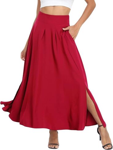 Women Maxi Skirt Flowy A Line High Waisted Long Skirts Pleated Ankle Length Slit with Pockets Zipper Closer in Saudi Arabia