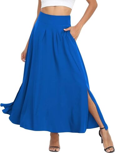 Women Maxi Skirt Flowy A Line High Waisted Long Skirts Pleated Ankle Length Slit with Pockets Zipper Closer in Saudi Arabia