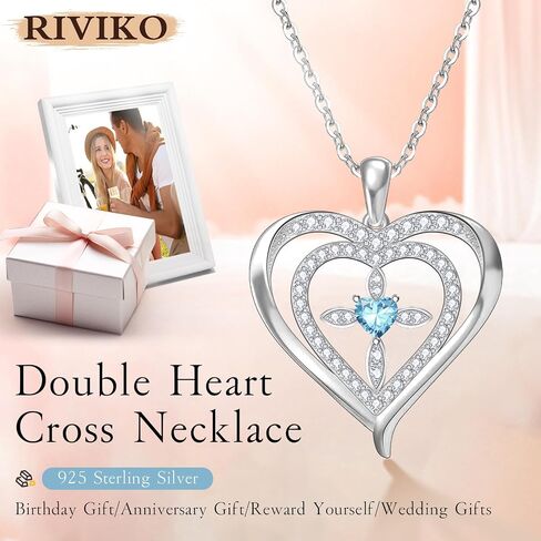 RIVIKO 925 Sterling Silver Cross Birthstone Necklace for Women,Love Heart Pendant Necklaces Trendy,Halloween Anniversary Christmas Jewelry Birthday Gifts for Women Wife Mother Friend in Kuwait