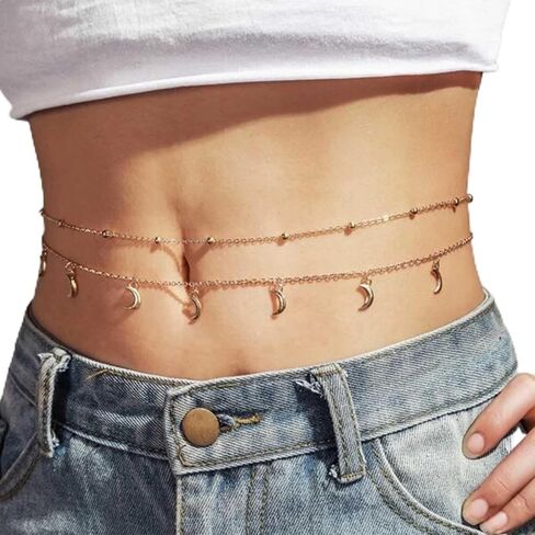 YienDoo Sexy Moon Waist Chain Boho Multi-Layered 3D Crescent Moon Pendant Body Chain Bikini Chain Belly Chain Belt Chain Stomach Chain Fashion Gold Body Jewelry Chain Gifts for Women and Girls in Saudi Arabia