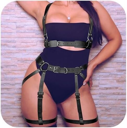 Leather Body Chains for Women Punk Harness Waist Chains Sexy Belt Chest Chains Black Adjustable Rave Body Jewelry in Kuwait