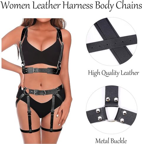 Leather Body Chains for Women Punk Harness Waist Chains Sexy Belt Chest Chains Black Adjustable Rave Body Jewelry in Kuwait