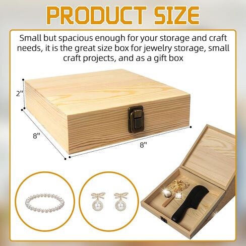8x8x2-Inch Square Flat Unfinished Wooden Box for DIY Crafts and Storage Wooden Box with Durable Hinges and Retro Front Clasps Natural Pine Smooth Paintable Surface in Saudi Arabia