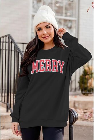 Christmas Women's Merry Graphic Sweatshirt Crewneck Xmas Holiday Sweater Shirt Oversized Pullover Top Winter Outfit in Saudi Arabia
