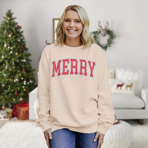 Christmas Women's Merry Graphic Sweatshirt Crewneck Xmas Holiday Sweater Shirt Oversized Pullover Top Winter Outfit in Saudi Arabia