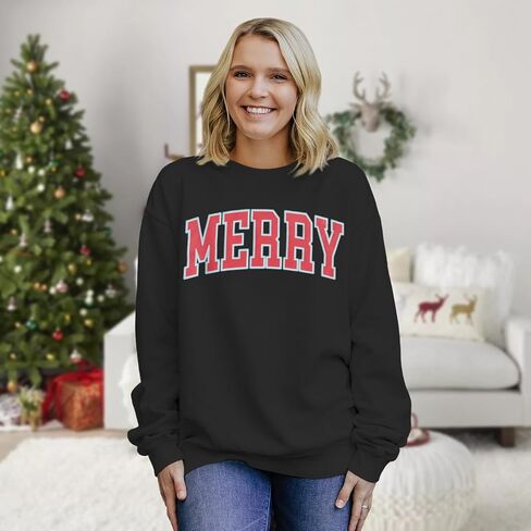 Christmas Women's Merry Graphic Sweatshirt Crewneck Xmas Holiday Sweater Shirt Oversized Pullover Top Winter Outfit in Saudi Arabia