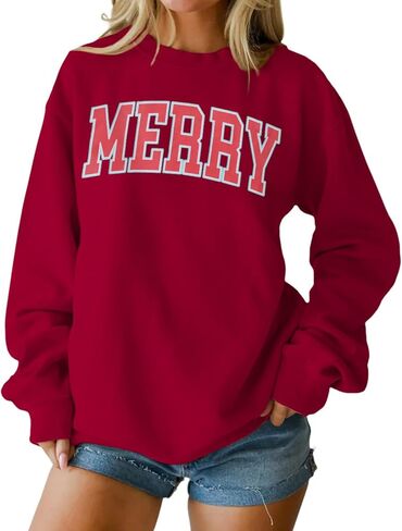 Christmas Women's Merry Graphic Sweatshirt Crewneck Xmas Holiday Sweater Shirt Oversized Pullover Top Winter Outfit in Saudi Arabia