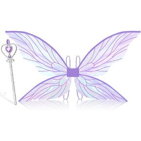 Jenaai 2 Pcs Fairy Wings Halloween Costume Accessories for Girls Adult Women with Wand for Butterfly Cosplay Party
