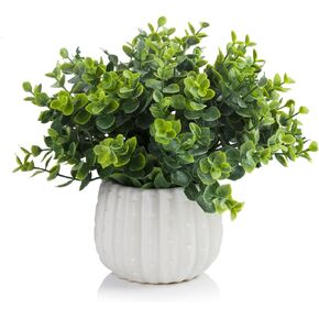 ENOVA FLORAL Artificial Potted Plants, Artificial Eucalyptus Grass Topiary in White Ceramic Pots with Faux Water, Fake Plants in Pots for Farmhouse, Home Decor Indoor, Table Centerpieces
