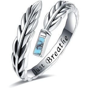 Turquoise Rings for Women - Sterling Silver Just Breathe Rings for Women Adjustable Feather Ring Stacking Ring Vintage Statement Ring for Women