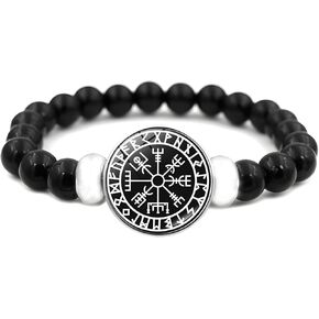 Viking Compass Protect Bracelet for Women Men Cool Black Beadeds Bracelets Viking Norse Jewelry for Men