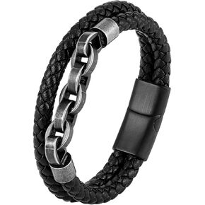 Mens Leather Bracelet Multilayer Braided Wristband Bangle Stainless Steel Link Chain Bracelet Jewelry for Him