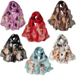 amokk 6 Packs Summer Scarf for Women Lightweight Floral Head Scarf Chiffon Shawl Warp