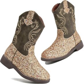 DADAWEN Kids Glitter Square Toe Cowgirl Boots Cowboy Western Boots Boys Girls Mid Calf Riding Shoes With Side Zipper