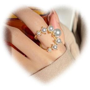Atiptu Vintage Pearl Ring for Women Adjustable Open Pearl Finger Ring Gold Knuckle Stackable Joint Finger Rings Trendy Personality Pearl Stacking Promise Ring Jewelry