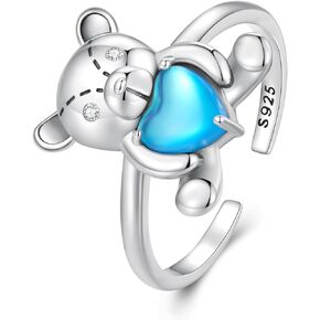 Kokoma Cute Cuddle Bear Open Statement Rings 925 Sterling Silver Blue Crystal Heart Eternity Ring Engagement Promise Rings Adjustable Finger Band Dainty Jewelry Gifts Daughter Birthday