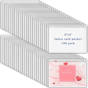 100 Pack Self-Adhesive Index Card Pockets 3" x 5" Index Card Holder with Top Open for Loading Clear Plastic Index Card Lables Holder for Organizing Storage Bins and Protecting Cards