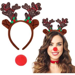 Christmas Reindeer Antlers Headbands with Red Nose, Deer Antlers Headband with Glitter Sequins Christmas Reindeer Ears Headband for Adults Xmas Party Favors Cosplay Costume Supplies